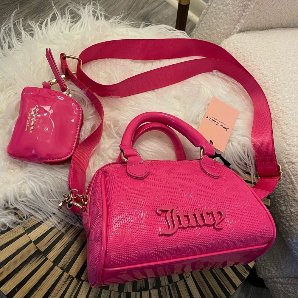 Juicy Couture🌷Embossed Patent Leather Adjustable Crossbody Zip Hot Pink Handbag